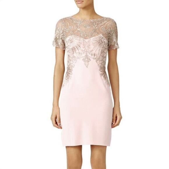 Marchesa Dresses & Skirts - Marchesa Notte Silk Buckingham Sheath Mini Cocktail Dress Gold Metallic Lace 12